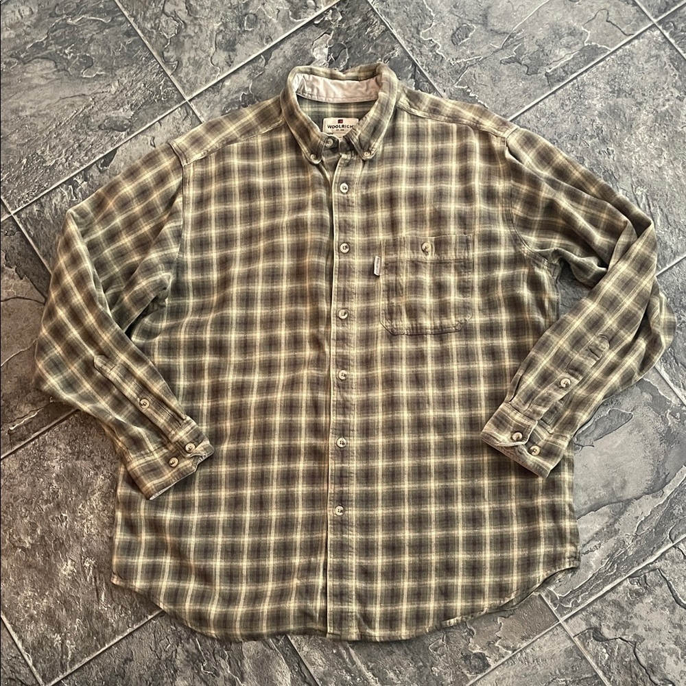 WOOLRICH Men's Olive & Khaki Plaid Soft Flannel Cottagecore Grunge Indie Shirt